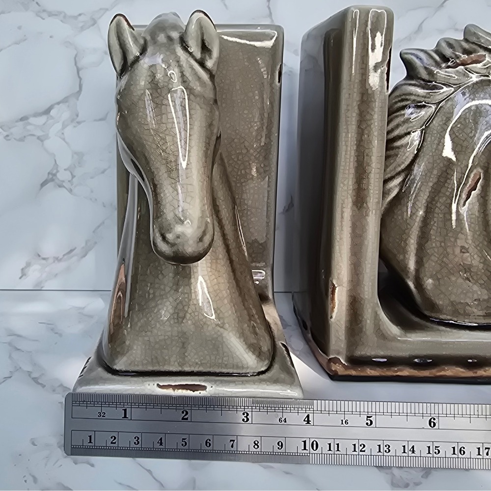Vintage MCM Ceramic Horse Head Bookends Crackle Glaze Equestrian Decor Set - Picture 15 of 15